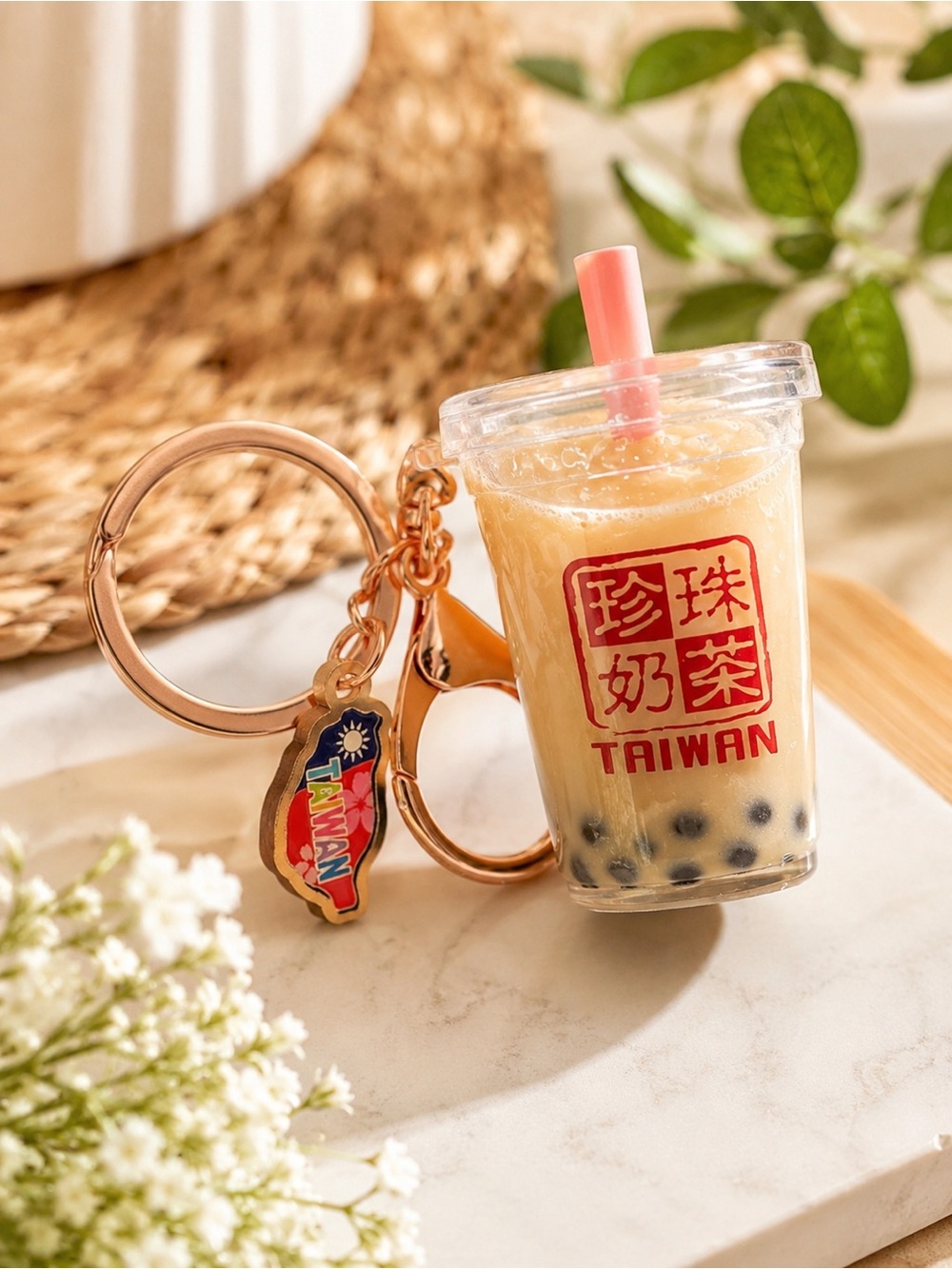 Taiwan Souvenir Boba Milk Tea Keychain Cup Pink Straw Liquid‎ Travel Fob Mini